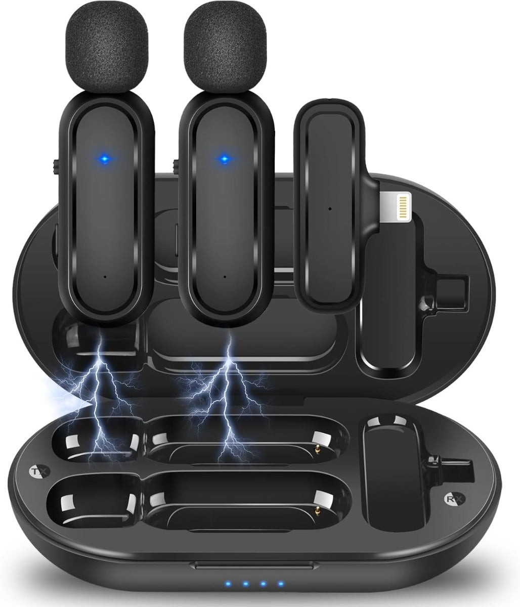 Microfono Lavalier Wireless con Custodia, 2 Mic + Ricevitore Lightning per iPhone/iPad, Riduzione Rumore, 8h Autonomia, 20m Portata