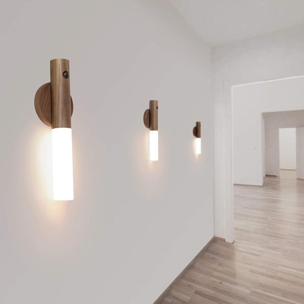 Luce Notturna LED con Sensore di Movimento e Base Magnetica, Applique da Parete in Legno Ricaricabile