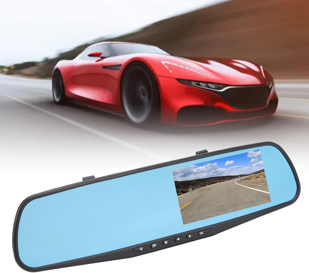 Specchietto Retrovisore Digitale 4.3" con Doppia Telecamera Full HD, Registrazione Video Anteriore e Posteriore, Motion Detection, Retrocamera Inclusa