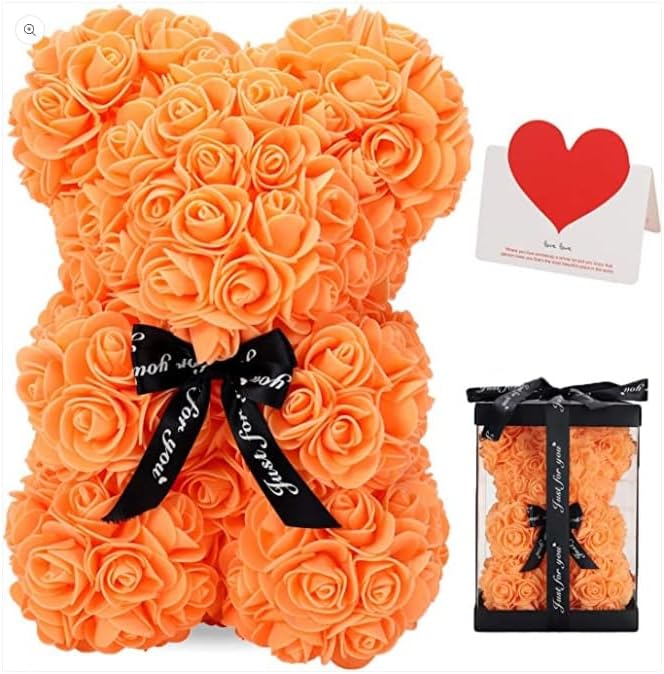 Orsetto con Rose Artificiali Fatto a Mano 25 cm (Arancio)