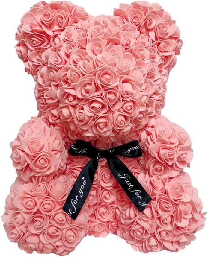 Orsetto con Rose Artificiali Fatto a Mano 25 cm (Pesca)
