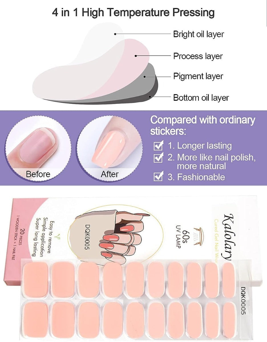 Kit Adesivi per Unghie in Gel Semipolimerizzato - 20 Strisce Autoadesive con Accessori per Manicure rosa cristallo