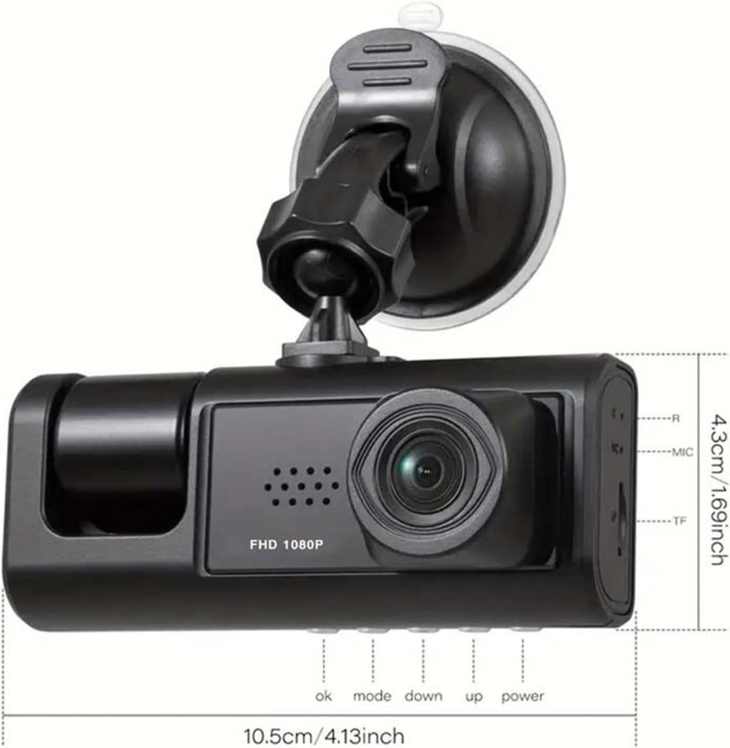 Dash Cam con Registrazione in Loop, Visione Notturna IR e Fotocamera 1080P a 3 Obiettivi con Schermo IPS da 2