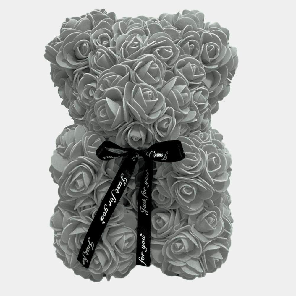 Orsetto con Rose Artificiali Fatto a Mano 25 cm (Grigio)