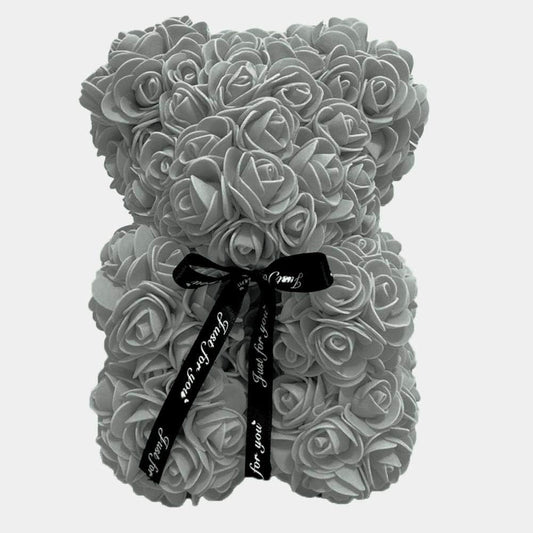 Orsetto con Rose Artificiali Fatto a Mano 25 cm (Grigio)