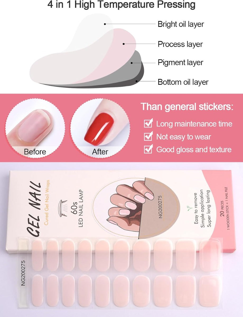 Kit Adesivi per Unghie in Gel Semipolimerizzato - 20 Strisce Autoadesive con Accessori per Manicure rosa delicato