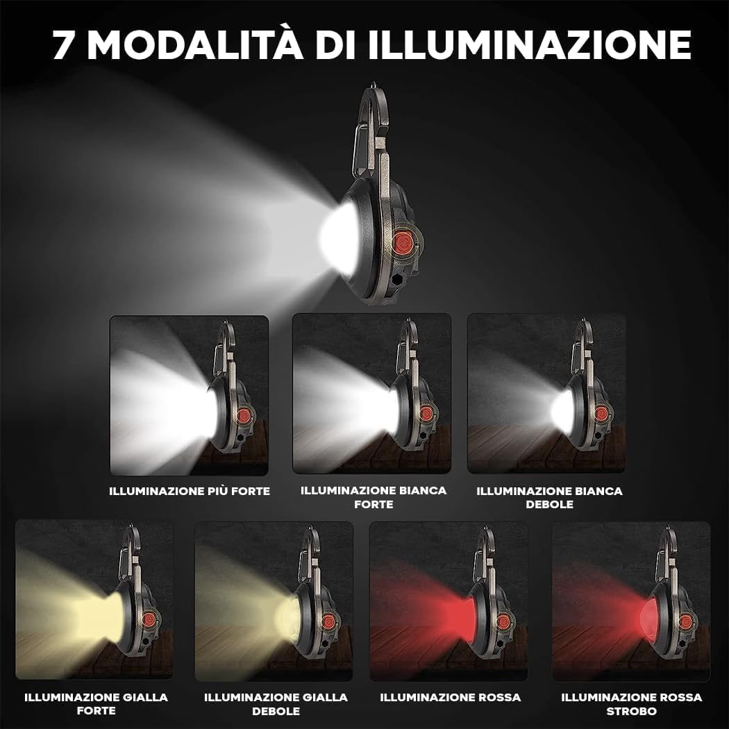 Torcia Multifunzione Ricaricabile da Campeggio e Pesca con Apribottiglie, Treppiede e Rompivetro, 6 Modalità di Luce