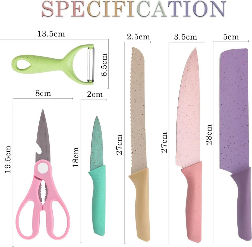 Set Coltelli da Cucina Colorati 6 Pezzi - Coltello Chef, Pane, Frutta, Multiuso, Pelapatate e Forbici - Lama in Acciaio Inox