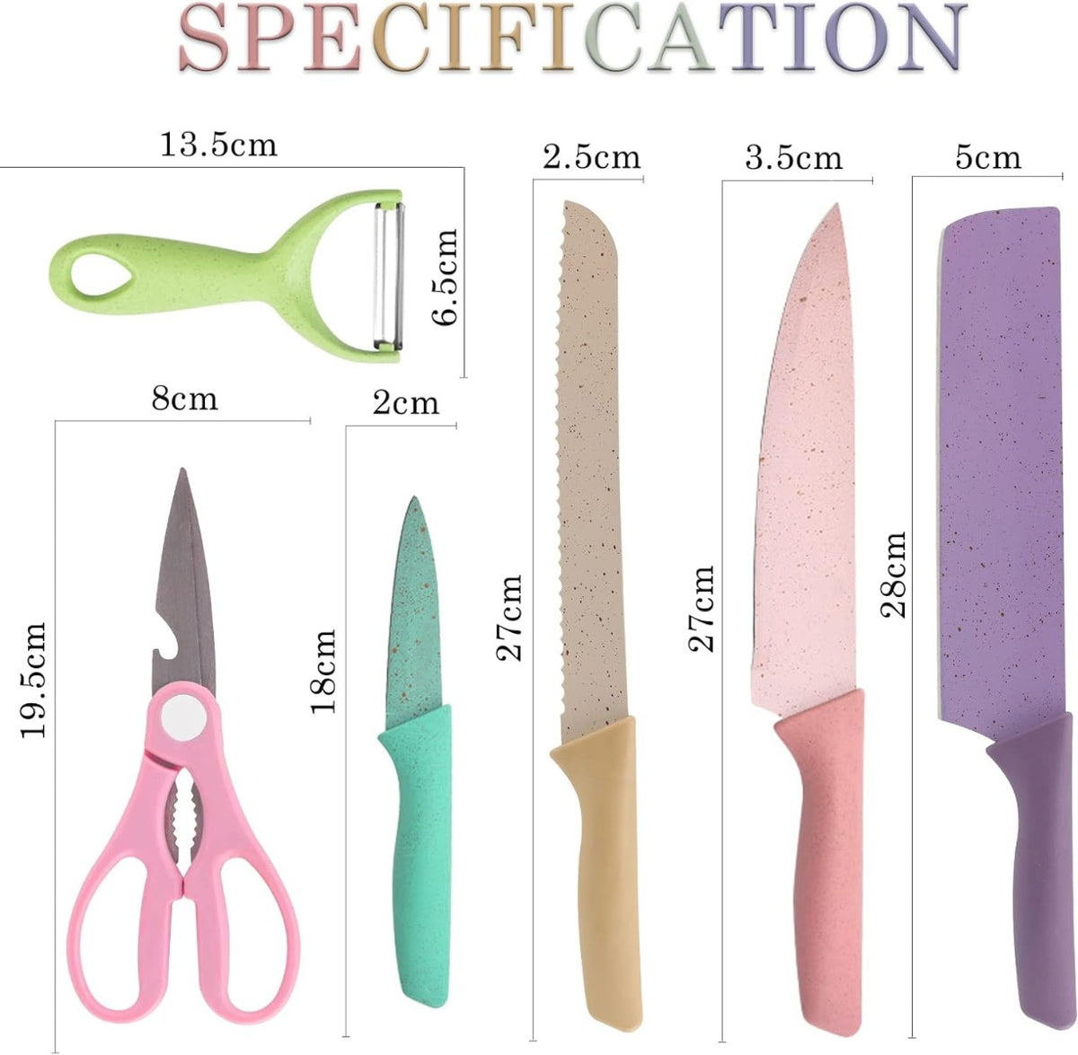 Set Coltelli da Cucina Colorati 6 Pezzi - Coltello Chef, Pane, Frutta, Multiuso, Pelapatate e Forbici - Lama in Acciaio Inox
