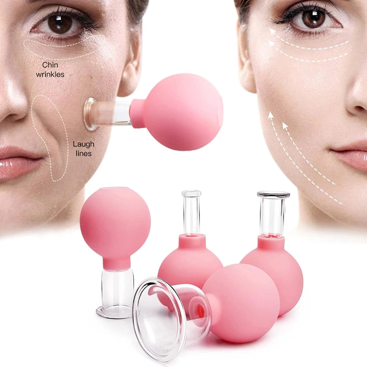 Set da 4 Coppette Cupping in Vetro e Silicone per Viso e Corpo – Massaggio Vacuum Rilassante per Dolori Muscolari, Rughe, Ritenzione Idrica e Cura della Pelle