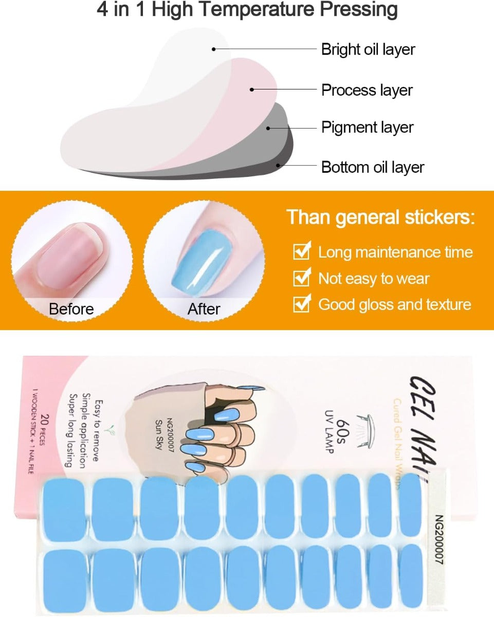 Kit Adesivi per Unghie in Gel Semipolimerizzato - 20 Strisce Autoadesive con Accessori per Manicure cielo blu