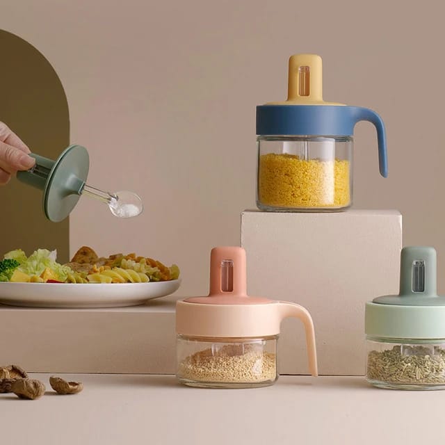 Barattolo per condimenti con cucchiaio retrattile per spezie in vetro con coperchio e cucchiaio ottimo per la tua cucina