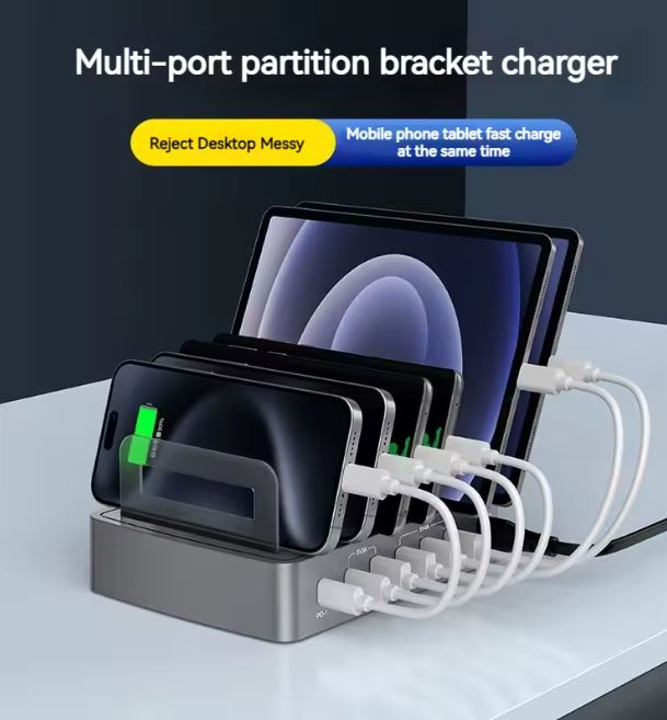Stazione di ricarica multipla 6 in 1 con 4 porte USB-A e 2 porte USB-C, potenza massima 45W