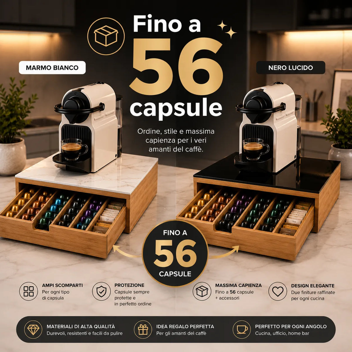 Cassetto Portacapsule e Cialde in Bamboo con Piano in Vetro – Organizer Salvaspazio per Macchina Caffè – Nero Lucido o Marmo Bianco – Fino a 56 Capsule