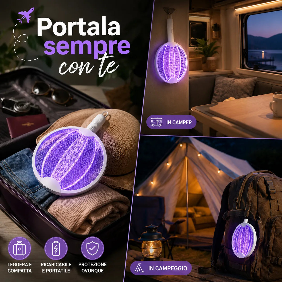 Racchetta Zanzare Elettrica 2 in 1 con Lampada UV Antizanzare Pieghevole USB Ricaricabile per Casa Campeggio Giardino