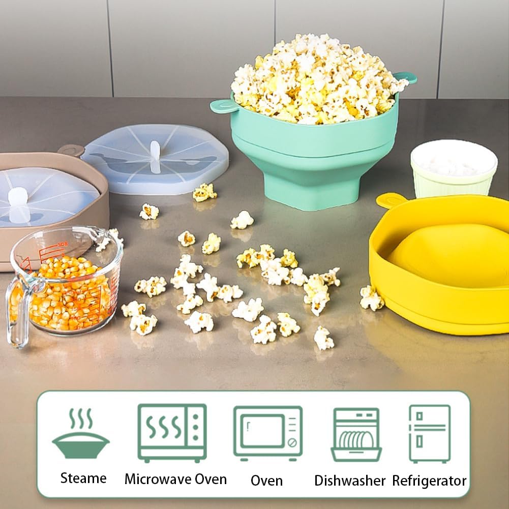 Ciotola pieghevole per popcorn in silicone con coperchio e manici per microonde