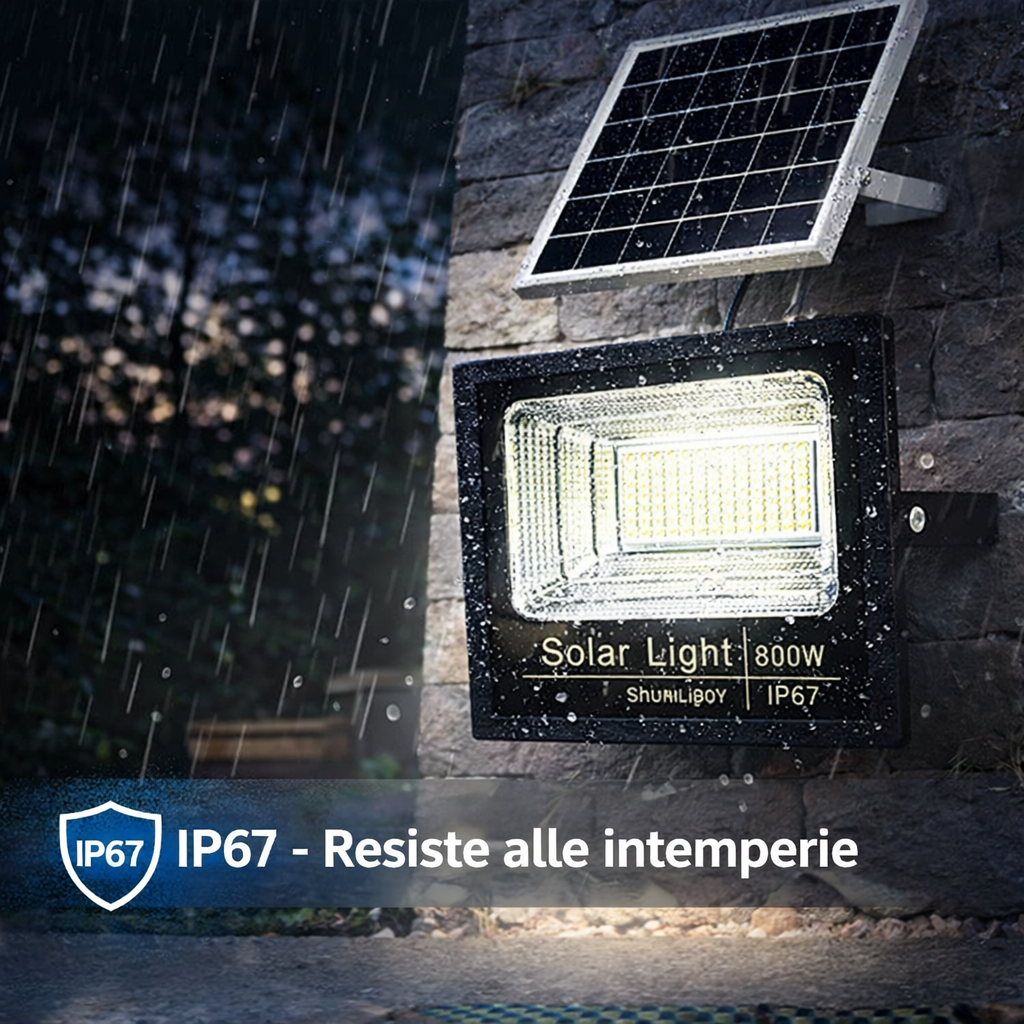 Faro LED Solare 800W IP67 con Batteria 12000mAh e Telecomando Wireless