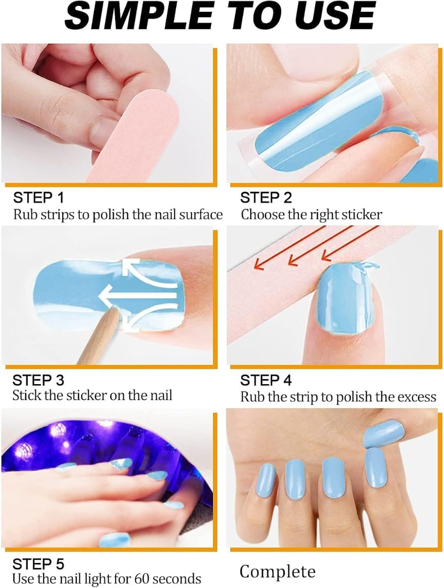 Kit Adesivi per Unghie in Gel Semipolimerizzato - 20 Strisce Autoadesive con Accessori per Manicure cielo blu