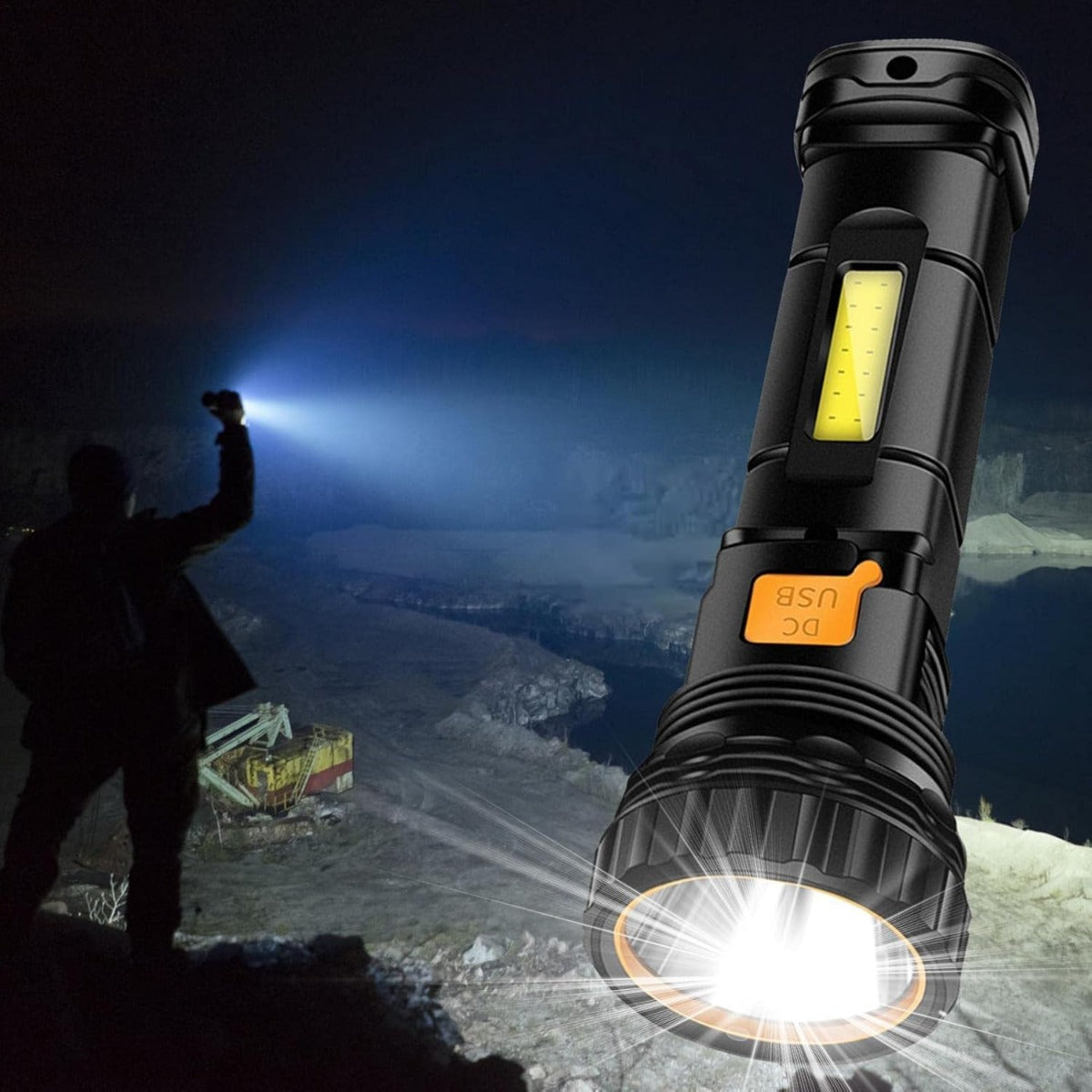 Torcia LED a Energia Solare con Ricarica USB, Impermeabile e Multifunzionale per Emergenze, Campeggio, Pesca, e Sopravvivenza
