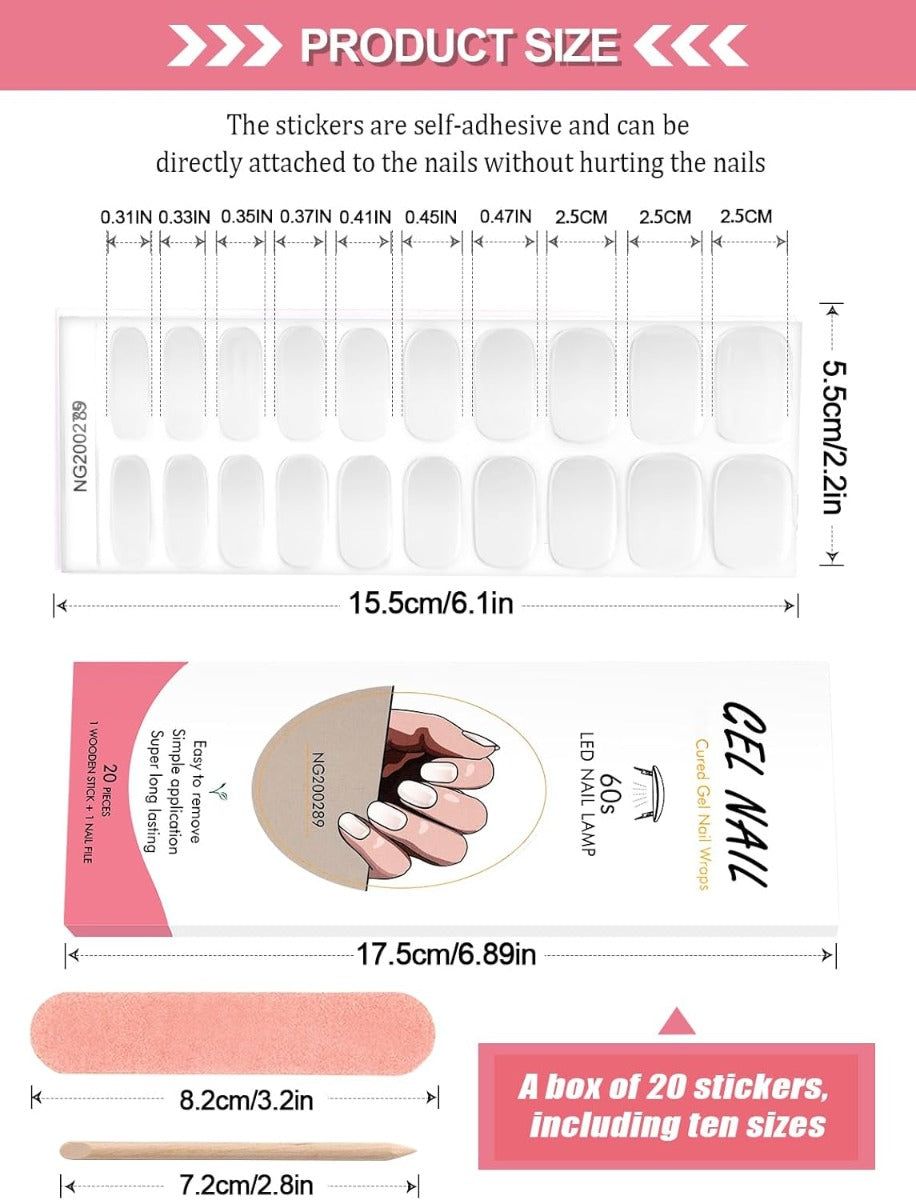 Kit Adesivi per Unghie in Gel Semipolimerizzato - 20 Strisce Autoadesive con Accessori per Manicure bianco solido