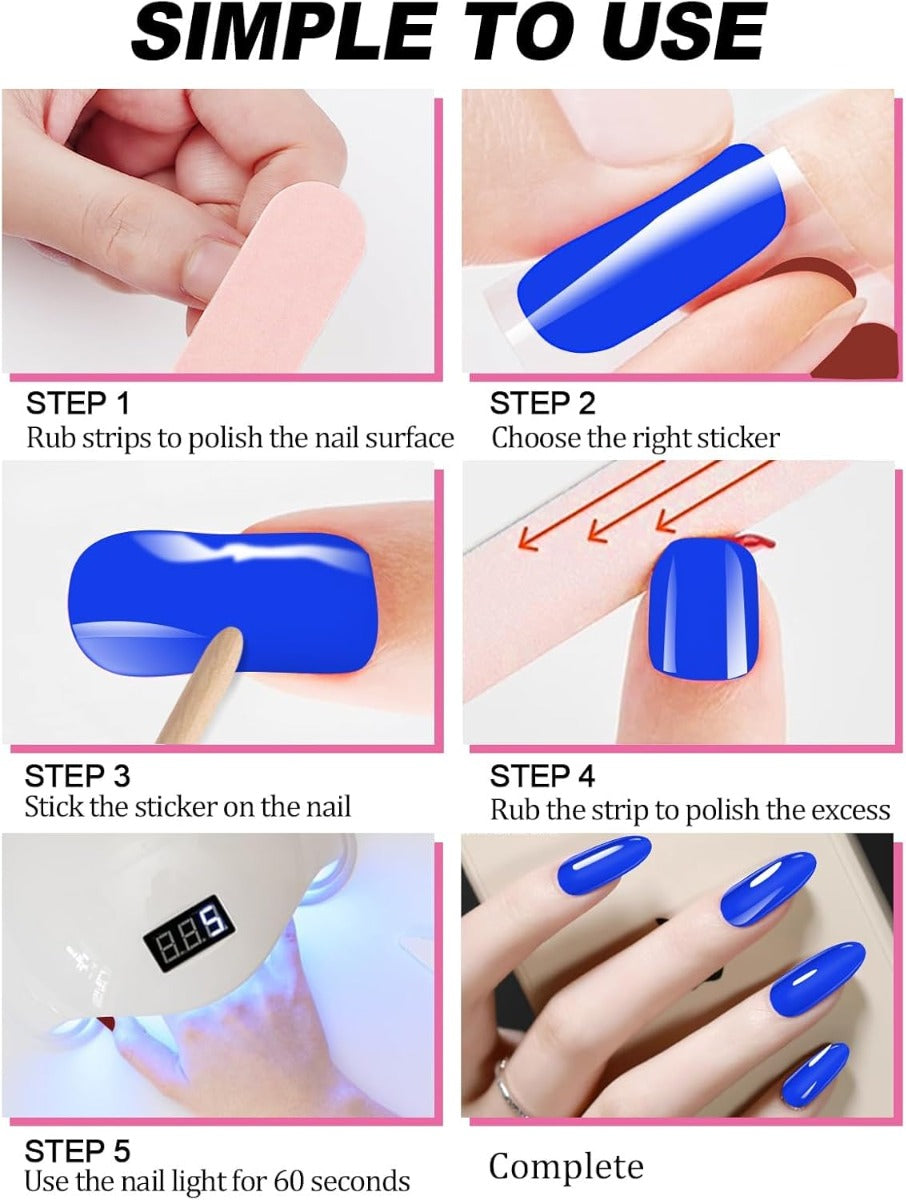 Kit Adesivi per Unghie in Gel Semipolimerizzato - 20 Strisce Autoadesive con Accessori per Manicure blu elettrico