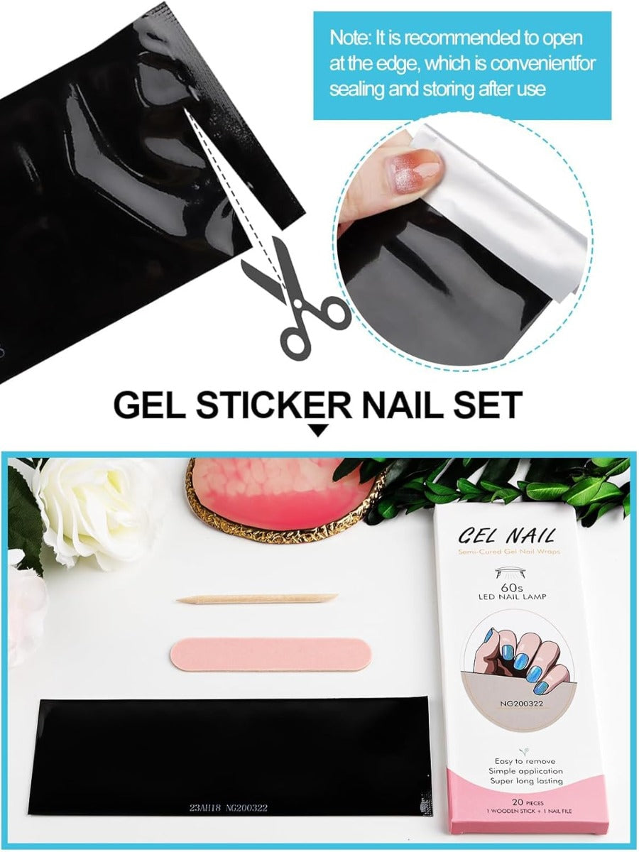 Kit Adesivi per Unghie in Gel Semipolimerizzato - 20 Strisce Autoadesive con Accessori per Manicure azzurro glitterato
