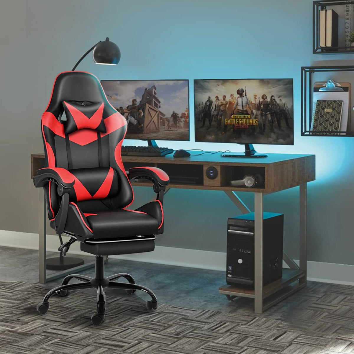 Poltrona Gaming Ergonomica Reclinabile con Poggiapiedi Estraibile, Cuscini Lombare e Cervicale, Altezza Regolabile