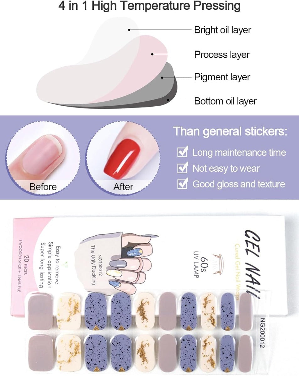 20 Strisce di Adesivi per Smalto in Gel Semipolimerizzato - Autoadesivi per Nail Art con Lima per Unghie e Bastoncino di Legno