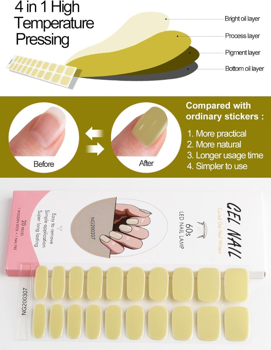 Kit Adesivi per Unghie in Gel Semipolimerizzato - 20 Strisce Autoadesive con Accessori per Manicure giallo oro