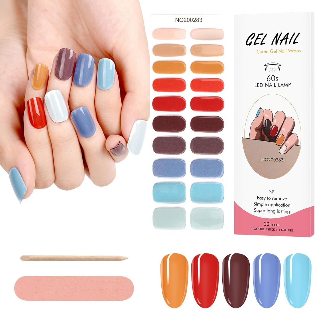 Kit Adesivi per Unghie in Gel Semipolimerizzato - 20 Strisce Autoadesive con Accessori per Manicure colorate
