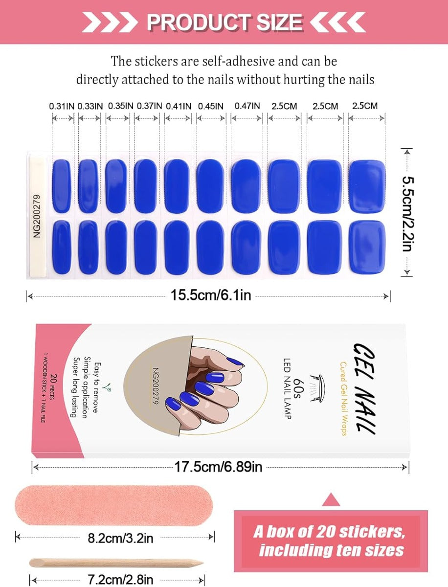 Kit Adesivi per Unghie in Gel Semipolimerizzato - 20 Strisce Autoadesive con Accessori per Manicure blu elettrico