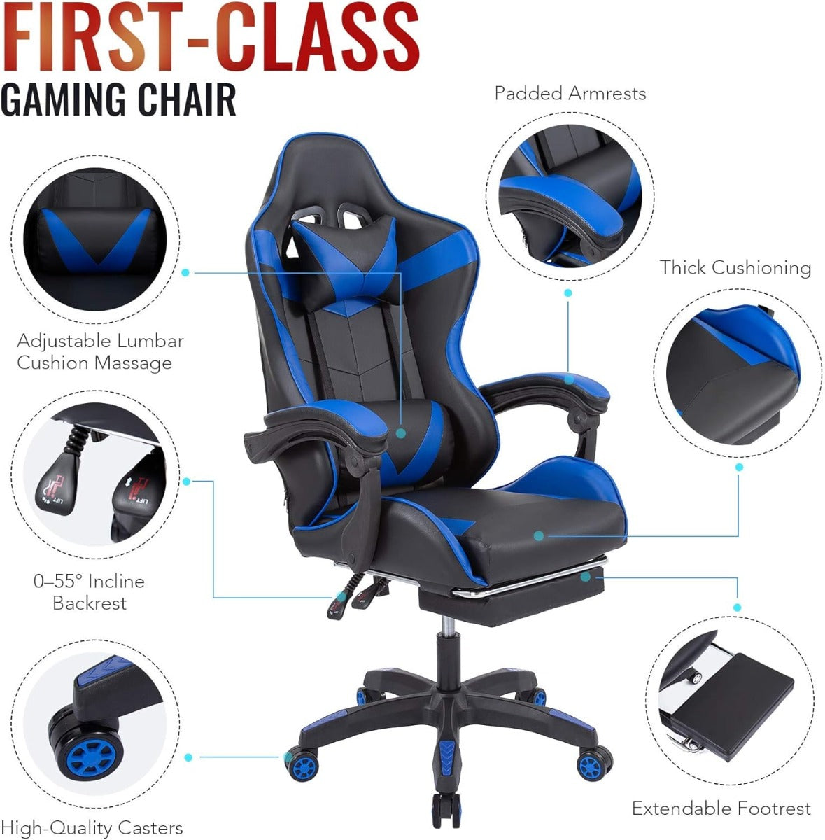 Sedia Poltrona da Gaming Regolabile con Poggiapiedi, Poggiatesta e Cuscino Lombare (nero -blu)