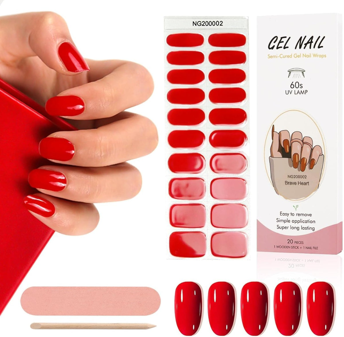 Kit Strisce Adesive per Unghie in Gel - 20 Pezzi con Lima e Bastoncino per Manicure Perfetta rosso