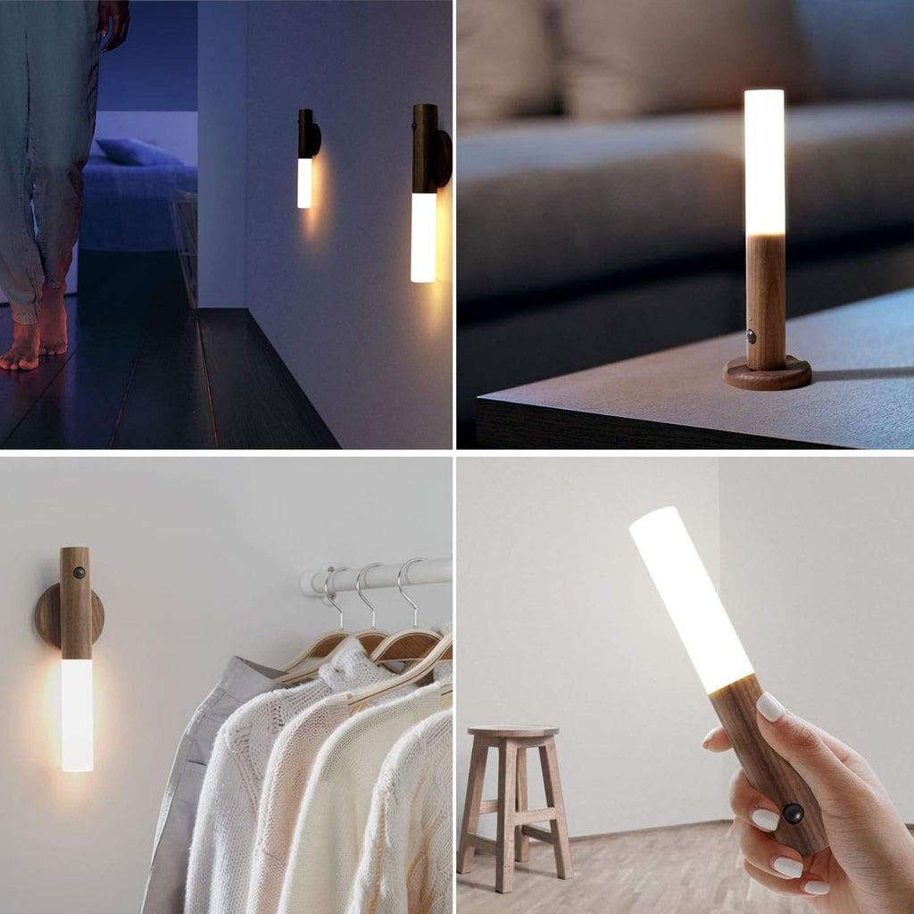 Luce Notturna LED con Sensore di Movimento e Base Magnetica, Applique da Parete in Legno Ricaricabile