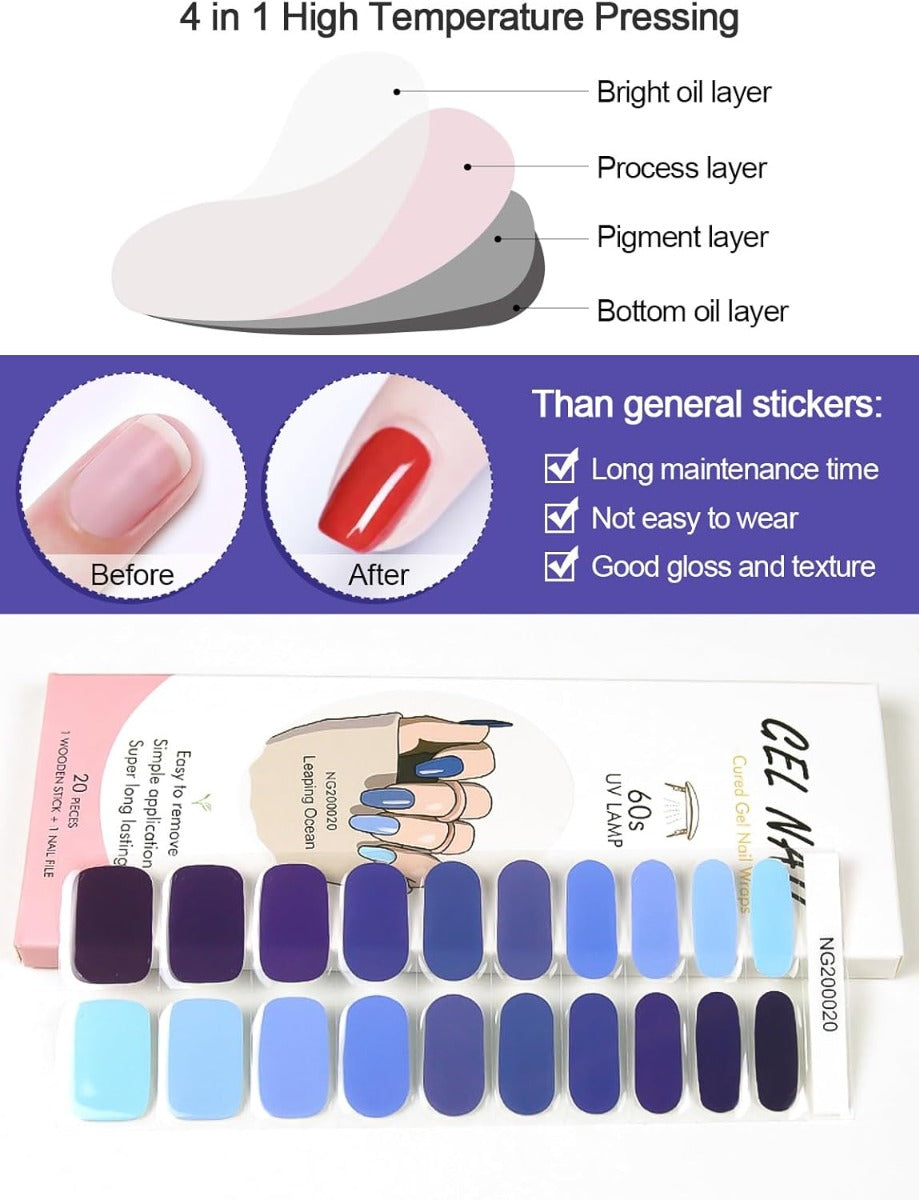 Kit Adesivi per Unghie in Gel Semipolimerizzato - 20 Strisce Autoadesive con Accessori per Manicure blu multicolore