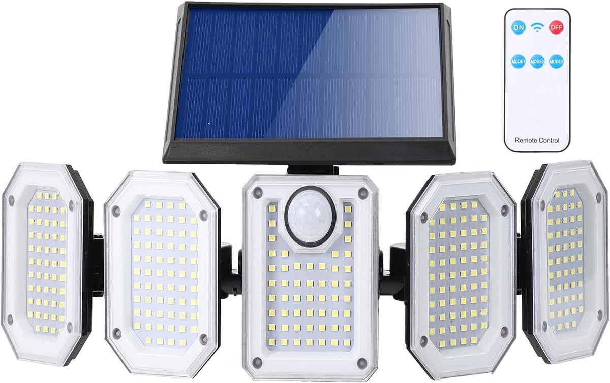 Luce solare led esterno 5 teste 2000 lumen all'aperto 3 modalità 270° angolo di illuminazione da parete ip65 impermeabile da ggiardino