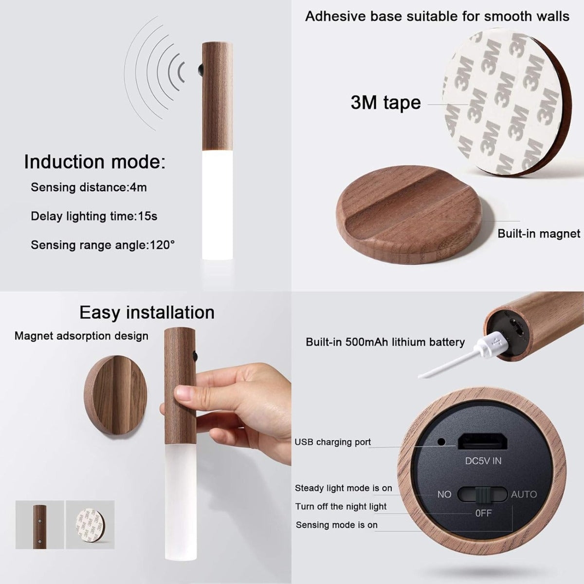 Luce Notturna LED con Sensore di Movimento e Base Magnetica, Applique da Parete in Legno Ricaricabile