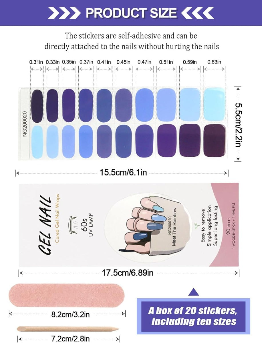 Kit Adesivi per Unghie in Gel Semipolimerizzato - 20 Strisce Autoadesive con Accessori per Manicure blu multicolore