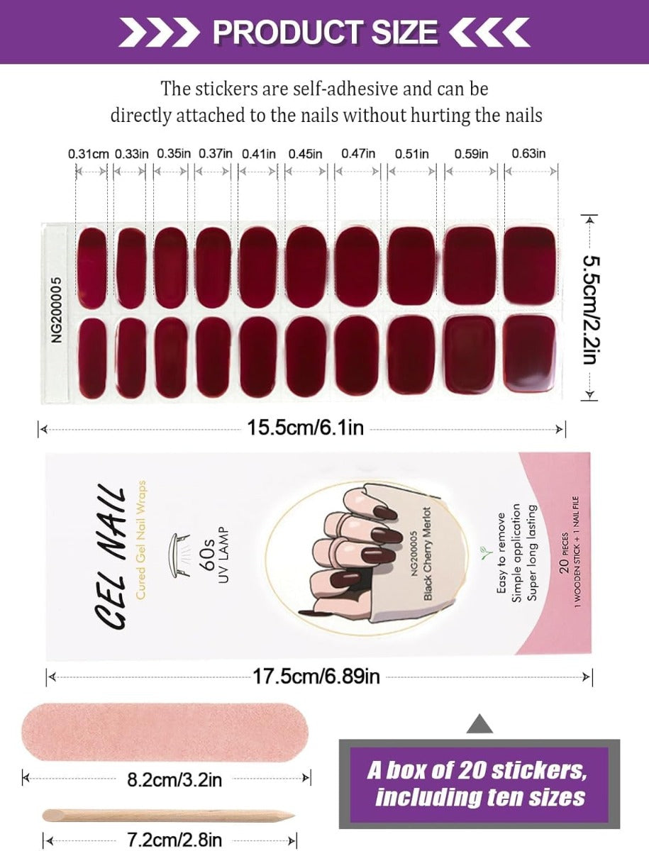 Kit Adesivi per Unghie in Gel Semipolimerizzato - 20 Strisce Autoadesive con Accessori per Manicure bordeaux