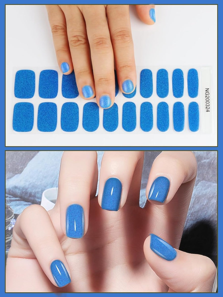 Kit Adesivi per Unghie in Gel Semipolimerizzato - 20 Strisce Autoadesive con Accessori per Manicure Glitter Blu Scuro