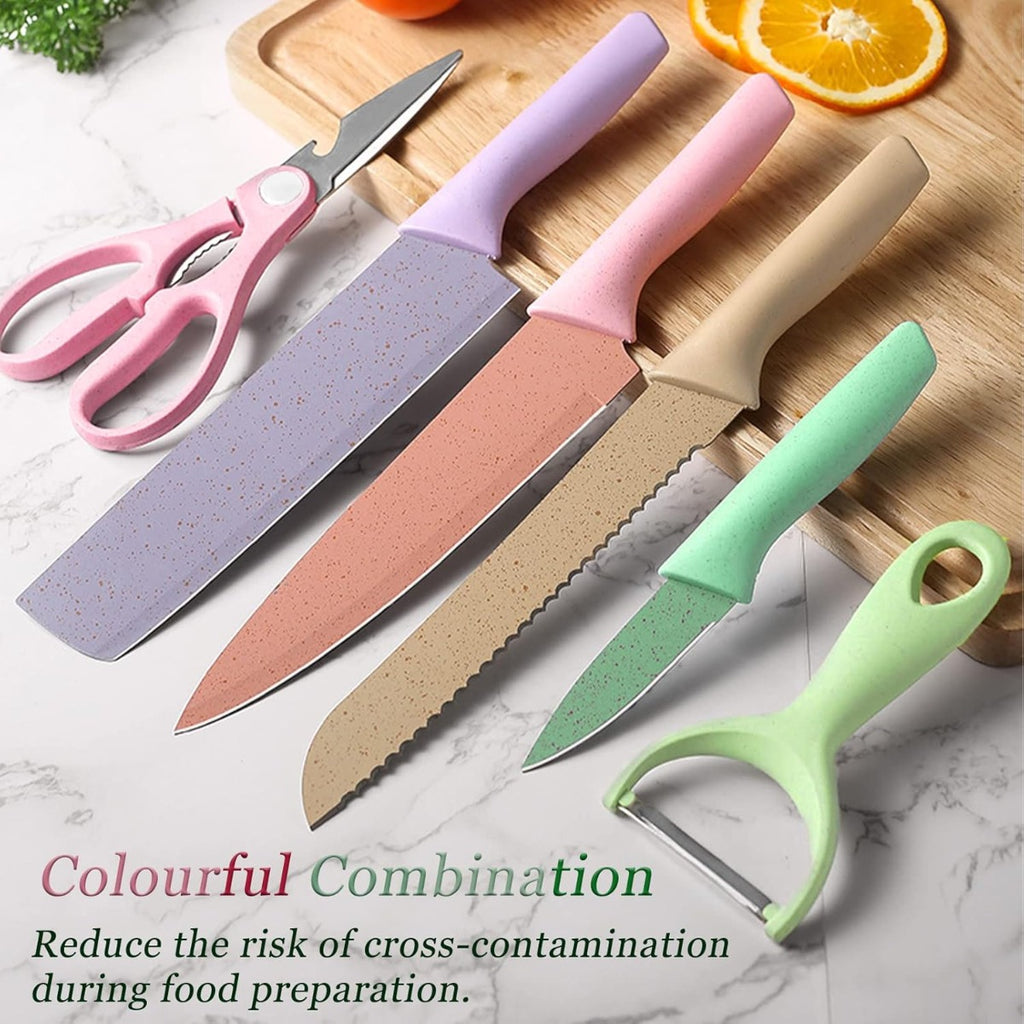 Set Coltelli da Cucina Colorati 6 Pezzi - Coltello Chef, Pane, Frutta, Multiuso, Pelapatate e Forbici - Lama in Acciaio Inox