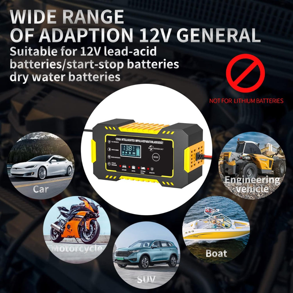 Caricabatterie Auto 12V 6A con Display LCD e Funzione di Riparazione a Impulsi