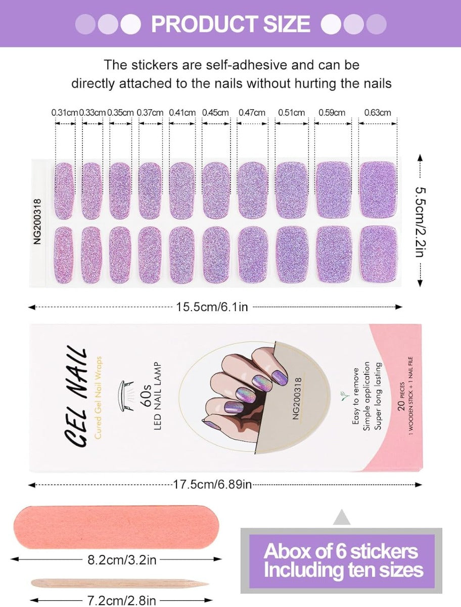 Kit Adesivi per Unghie in Gel Semipolimerizzato - 20 Strisce Autoadesive con Accessori per Manicure Glitter lilla-viola