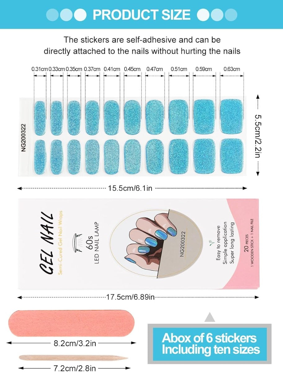 Kit Adesivi per Unghie in Gel Semipolimerizzato - 20 Strisce Autoadesive con Accessori per Manicure azzurro glitterato