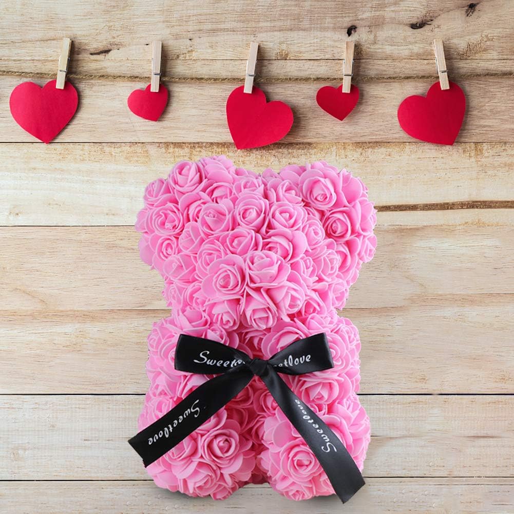Orsetto con Rose Artificiali Fatto a Mano 25 cm (Rosa)