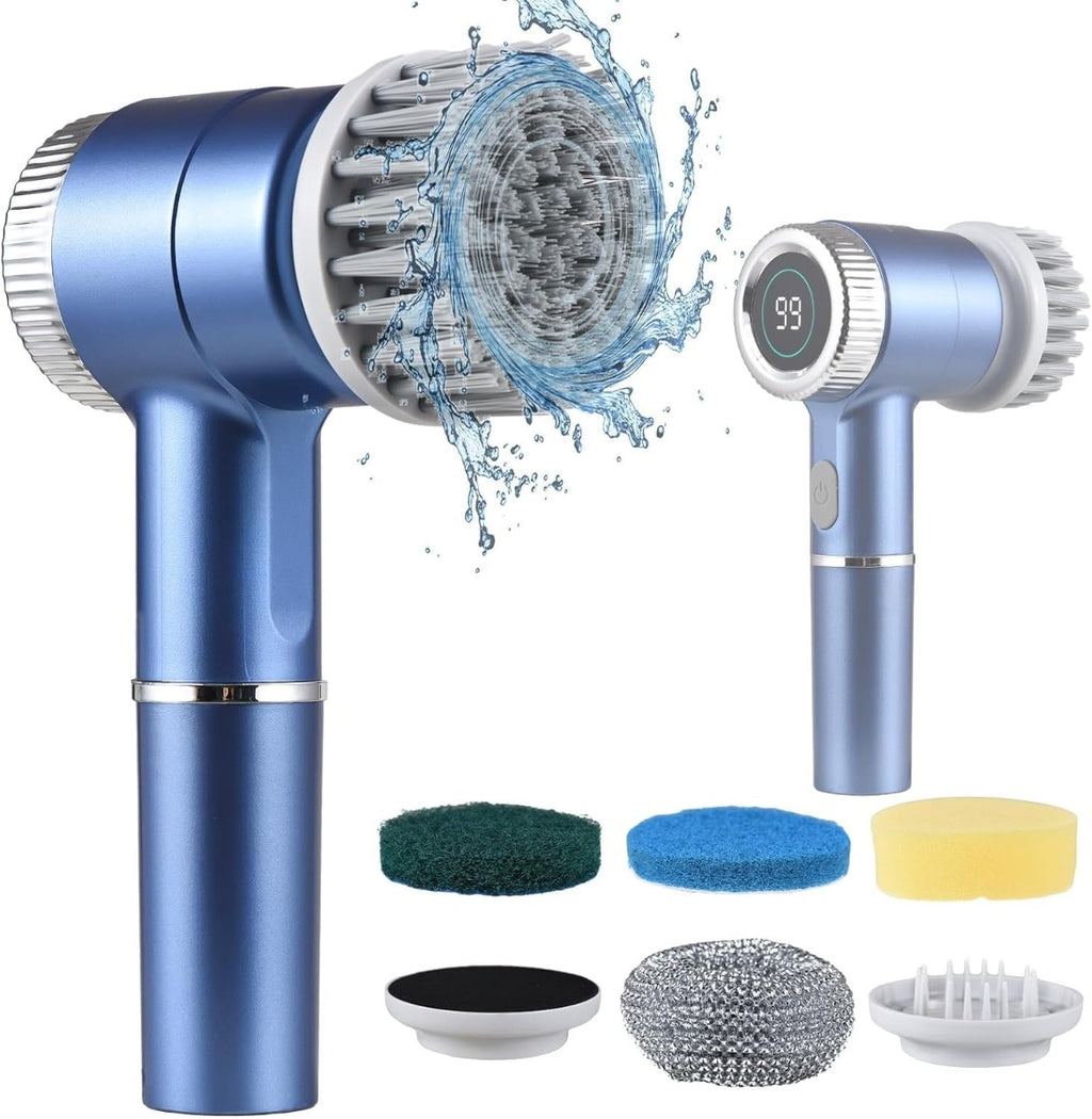 Set di Spazzole Elettriche 5 in 1 Senza Fili Impermeabile per Pulizia Multiuso – Pareti, Pavimenti e Piastrelle con Display Digitale a 3 Velocità