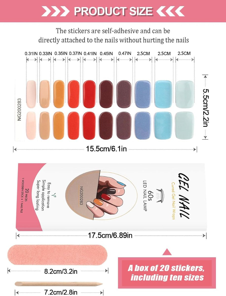 Kit Adesivi per Unghie in Gel Semipolimerizzato - 20 Strisce Autoadesive con Accessori per Manicure colorate