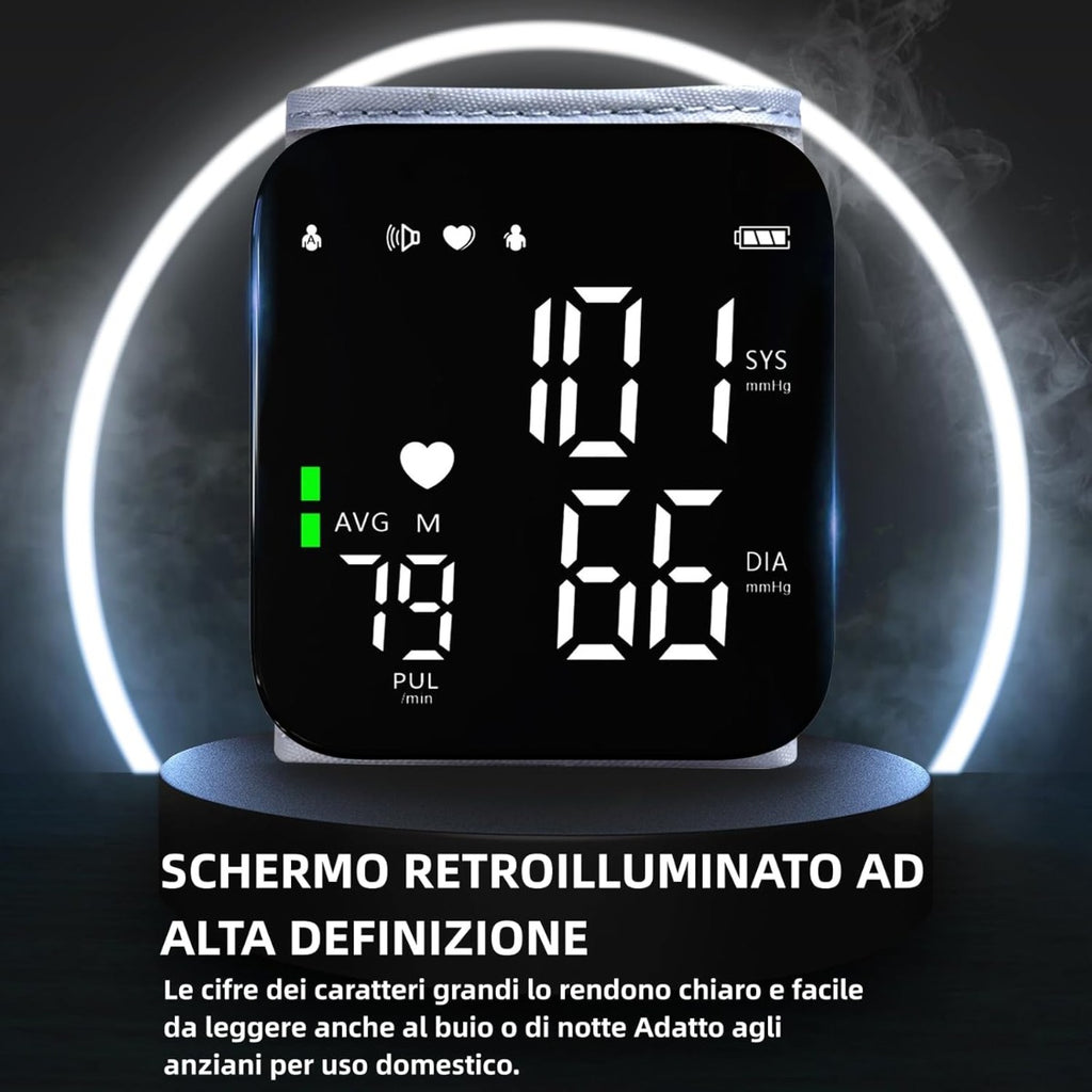 Misuratore di Pressione da Polso – Display LED HD Retroilluminato, Modalità Silenziosa, Funzione Vocale, Doppio Utente