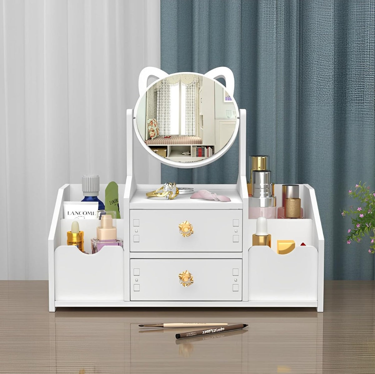 Organizzatore Trucco in Legno con Specchio Rotante 360°
