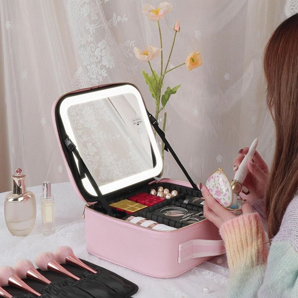 Borsa per Trucco con Specchio Illuminato a LED – Custodia da Viaggio con 3 Impostazioni di Colore, Elegante e Funzionale